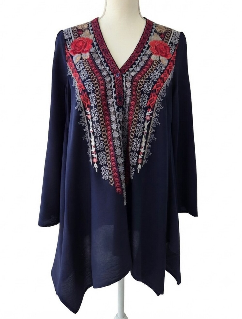 Andrée by Unit Navy Embroidered Rose Boho Tunic Top Small Handkerchief Hem